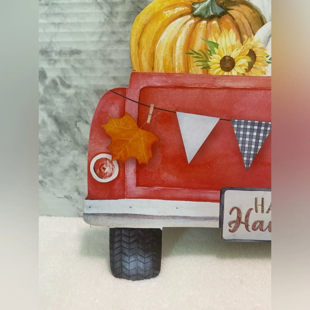 NWT Happy Harvest Classic Red Truck with Pumpkins in the Bed Hanging Sign